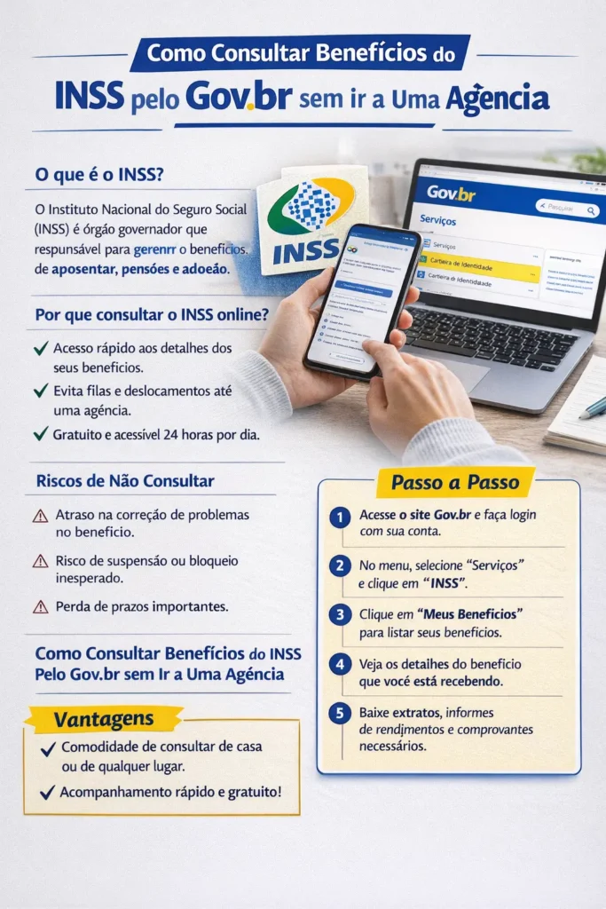 Infográfico resumo do artigo de como consulta benefícios do INSS pelo Gov.br