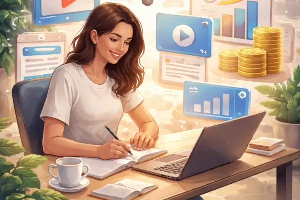 uma pessoa conectando ideias em telas digitais, ganhando direito pela internet