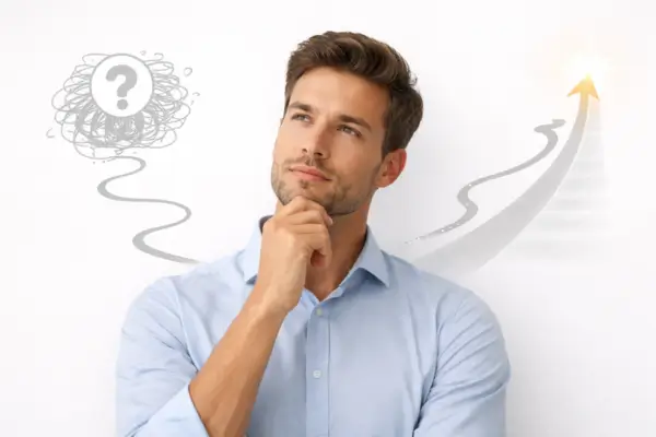 Um homem refletindo sobre seus padrões mentais, seus hábitos e objetivos
