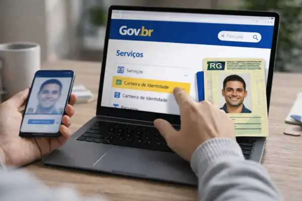 Cidadão tirando a nova carteira de identidade pelo site do governo gov.br