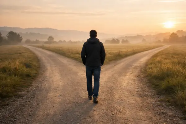 Homem em uma encruzilhada de dois caminhos, uma metáfora para decisões importantes