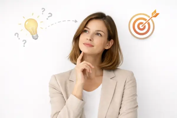 Uma mulher profissional refletindo sobre motivação