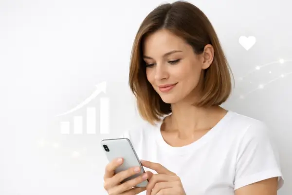 Um mulher conquistando resultados na Era Digital através do celular