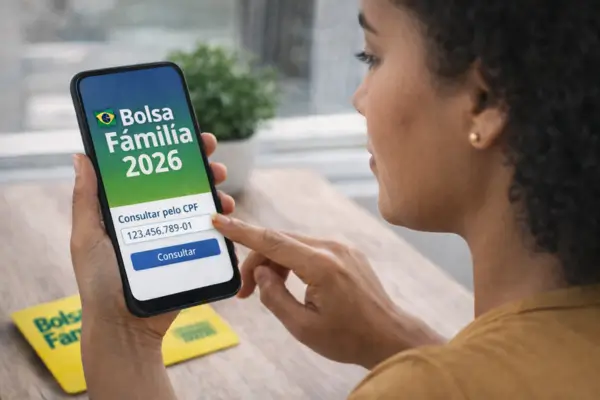 Mulher consultando pelo celular se tem direito ao Bolsa Família 2026 usando CPF no aplicativo oficial