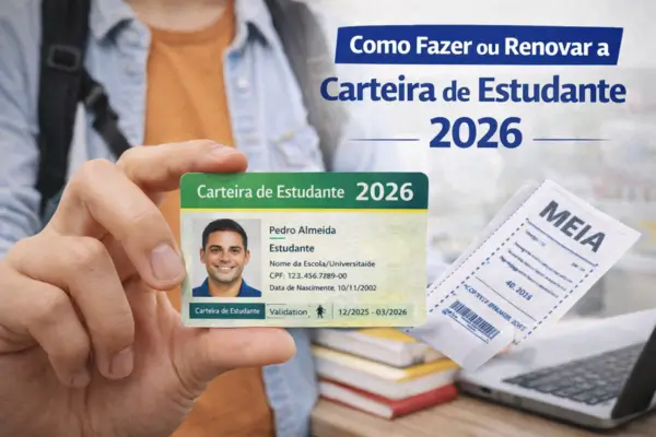 Um carteira de estudante criada em 2026 e um estudante segurando