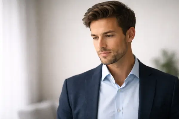 Evolução pessoal representada por homem refletindo sobre mudança interna e crescimento real