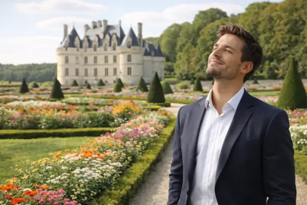 Um homem bem vestido com um semblante de satisfação em um lindo jardim na França representando a prosperidade interna e externa