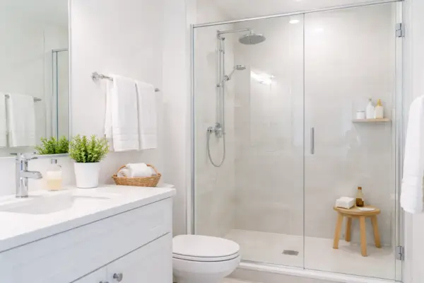 Banheiro limpo e organizado com box transparente, pia sem manchas e ambiente iluminado