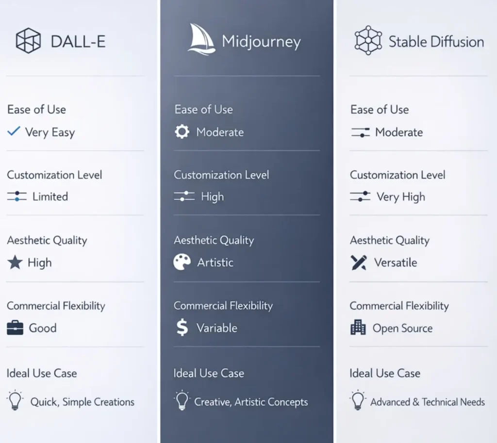 Infográfico comparando DALL-E, Midjourney e Stable Diffusion para criação de imagens com IA