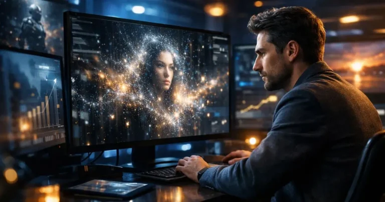 Fotografia cinematográfica de um empreendedor digital trabalhando em um escritório tecnológico escuro, com múltiplas telas exibindo geração de imagens por IA e gráficos holográficos de crescimento financeiro.