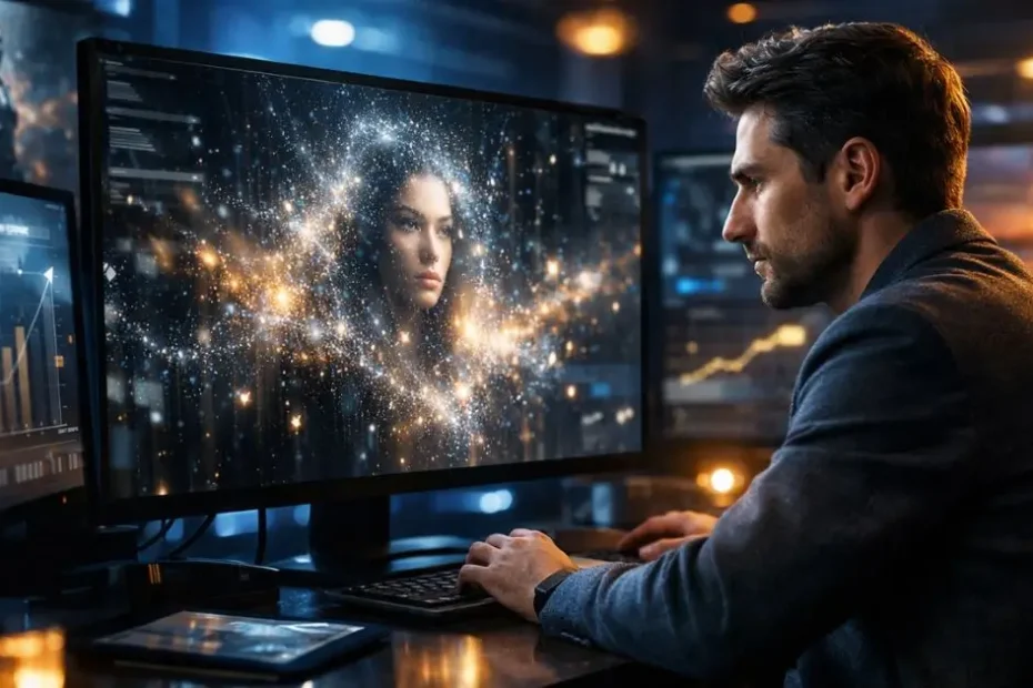 Fotografia cinematográfica de um empreendedor digital trabalhando em um escritório tecnológico escuro, com múltiplas telas exibindo geração de imagens por IA e gráficos holográficos de crescimento financeiro.