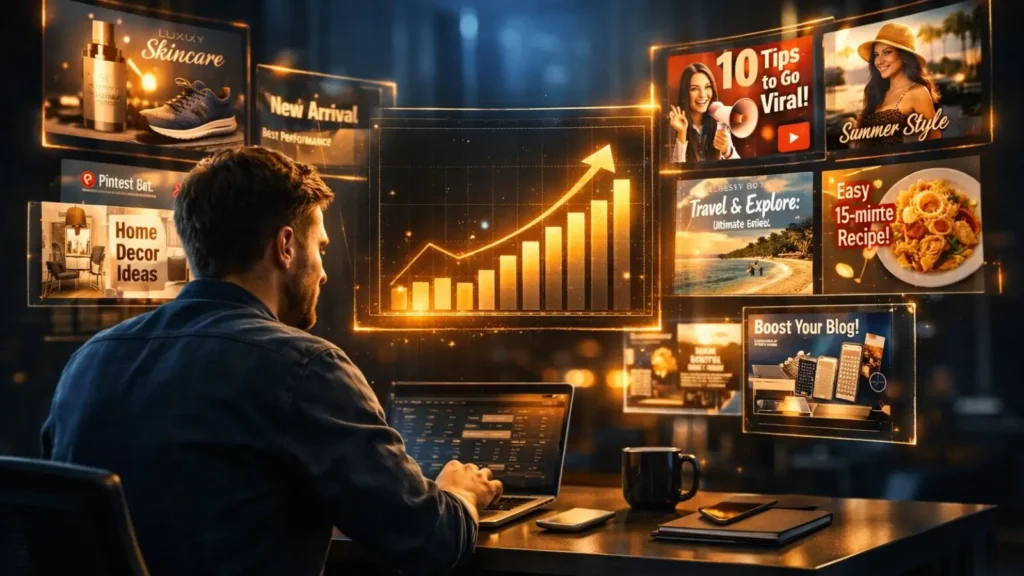 Representação visual do impacto das imagens com IA nos negócios digitais mostrando crescimento financeiro e transformação estratégica