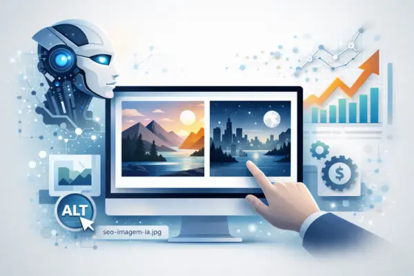 Pessoa apontando para imagens geradas por IA em uma tela de computador, cercada por gráficos e ícones de crescimento digital, ilustrando o uso de IA nos negócios digitais