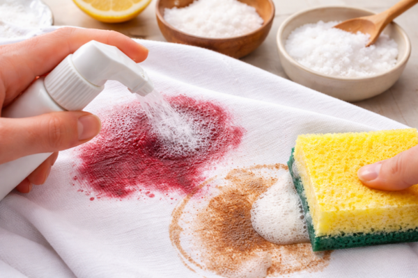manchas de café e vinho em tecido branco sendo tratada com solução caseira