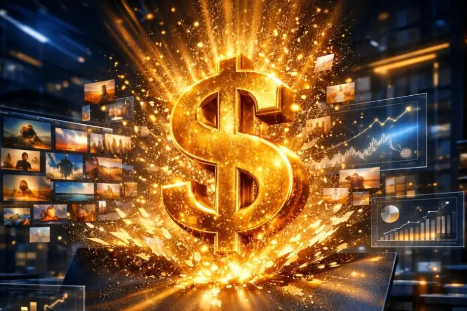 Representação cinematográfica de como monetizar imagens com ia com estratégias pode transformar a vida financeira de alguém.