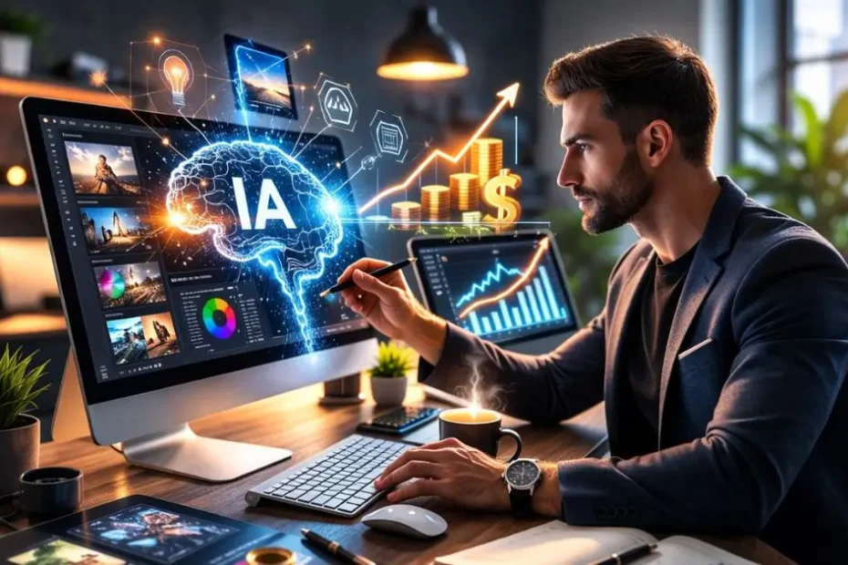 Empreendedor criando imagens profissionais com prompt avançado de inteligência artificial em ambiente de trabalho moderno.