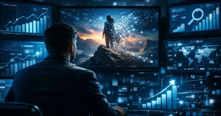 Profissional analisando imagem gerada por IA em ambiente tecnológico escuro com gráficos de crescimento e estratégia de SEO para ranqueamento no Google.