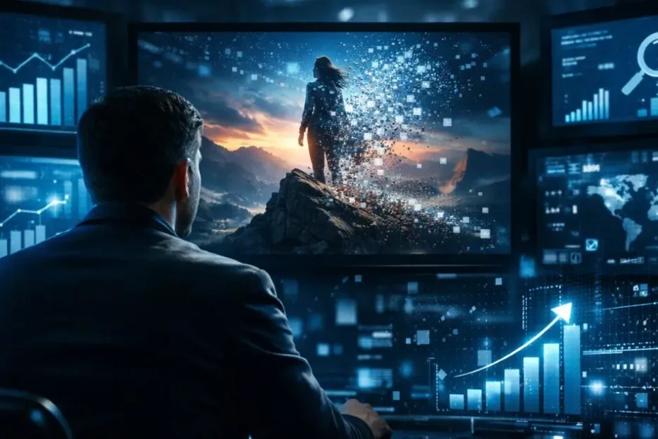 Profissional analisando imagem gerada por IA em ambiente tecnológico escuro com gráficos de crescimento e estratégia de SEO para ranqueamento no Google.