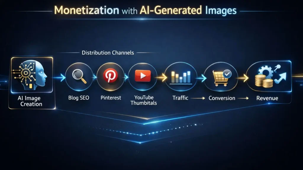 Diagrama estratégico mostrando o sistema de monetização com imagens geradas por inteligência artificial