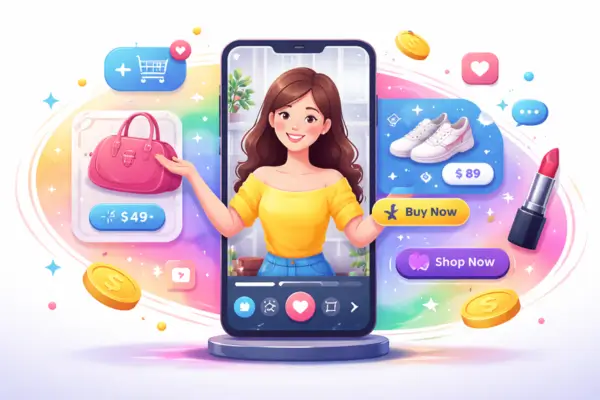 Ilustração de vídeo interativo com compras integradas, representando estratégias de vídeo-commerce que aumentam conversões em 2026