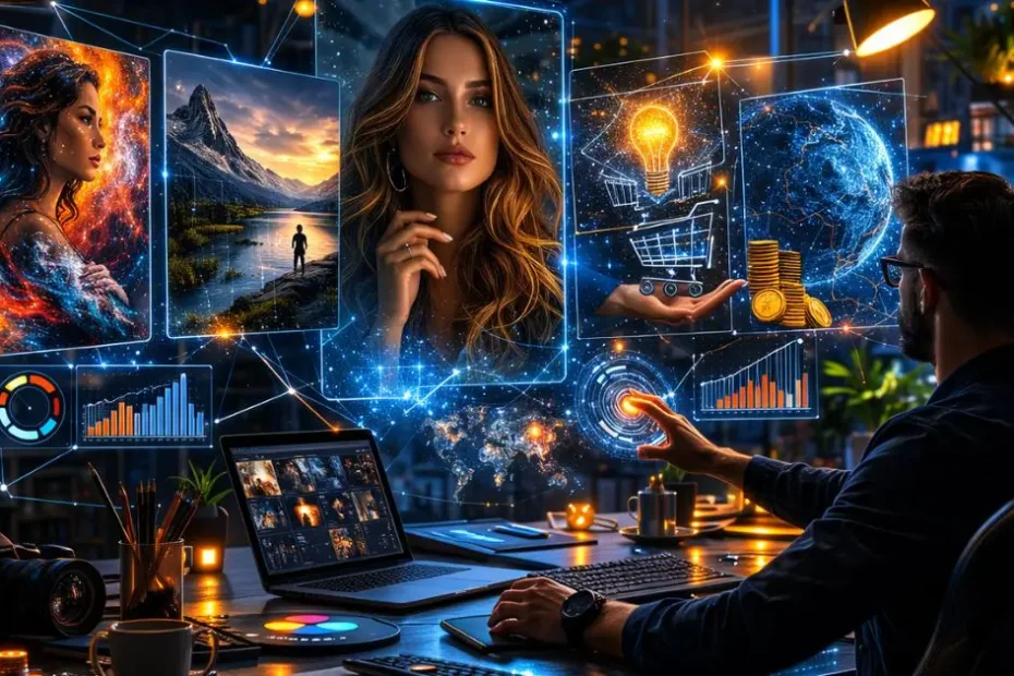 Cena cinematográfica ultra-realista mostrando comparação estratégica entre melhores IAs para criar imagens. Ferramentas de geração de imagens por IA, com interface holográfica exibindo retrato hiper-realista, ilustração artística, paisagem cinematográfica e painel de métricas de ROI em ambiente tecnológico futurista.